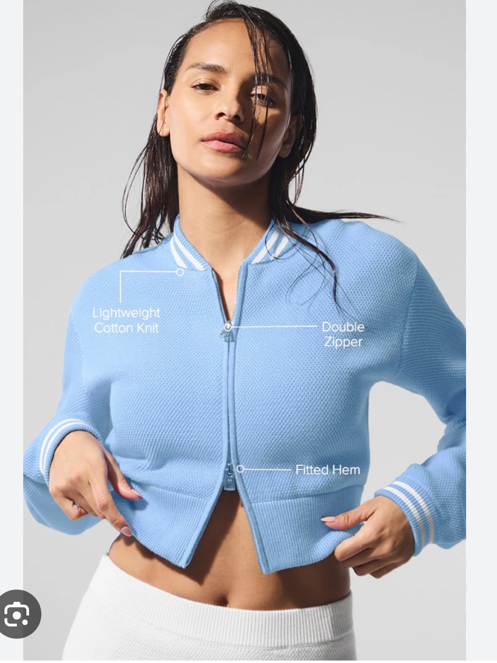 EUC alo tennis club sweater knit full zip jacket seashell blue/white small - Picture 14 of 14